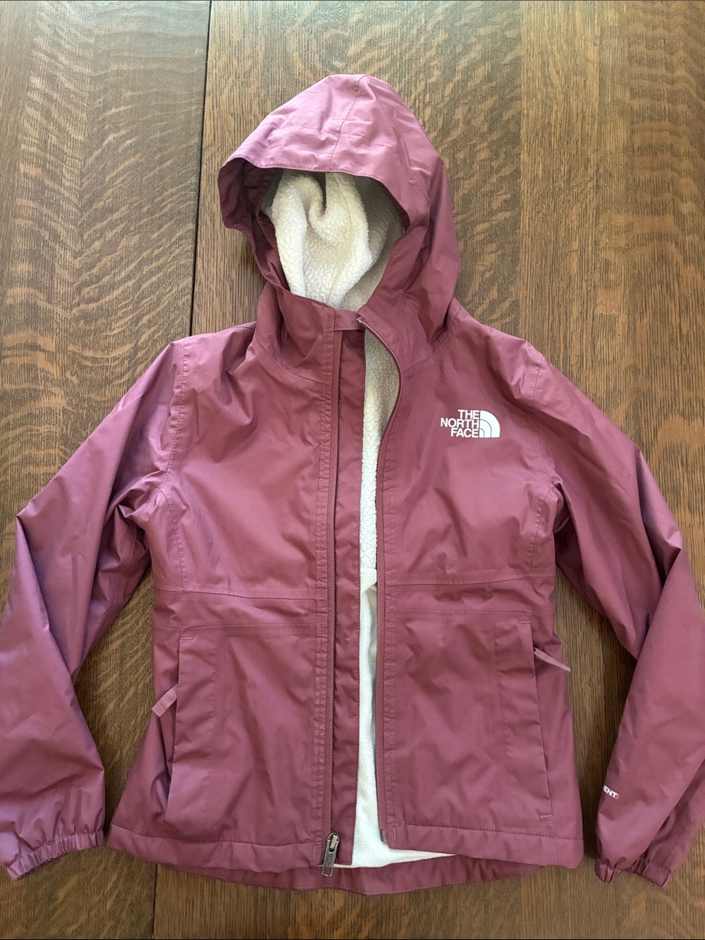 The North Face Mauve Hooded Waterproof Jacket with White Sherpa Lining